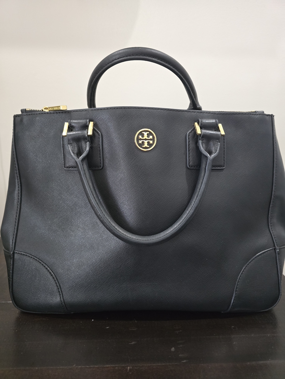 Tory Burch Black Leather Satchel with Gold Logo Royal Navy Interior